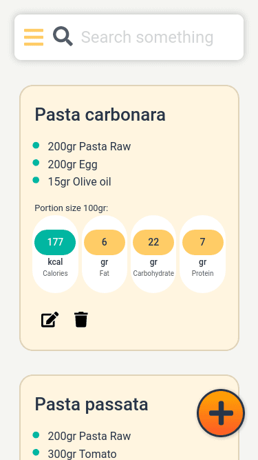 Nutrition Cooking dashboard showing a list of recipes